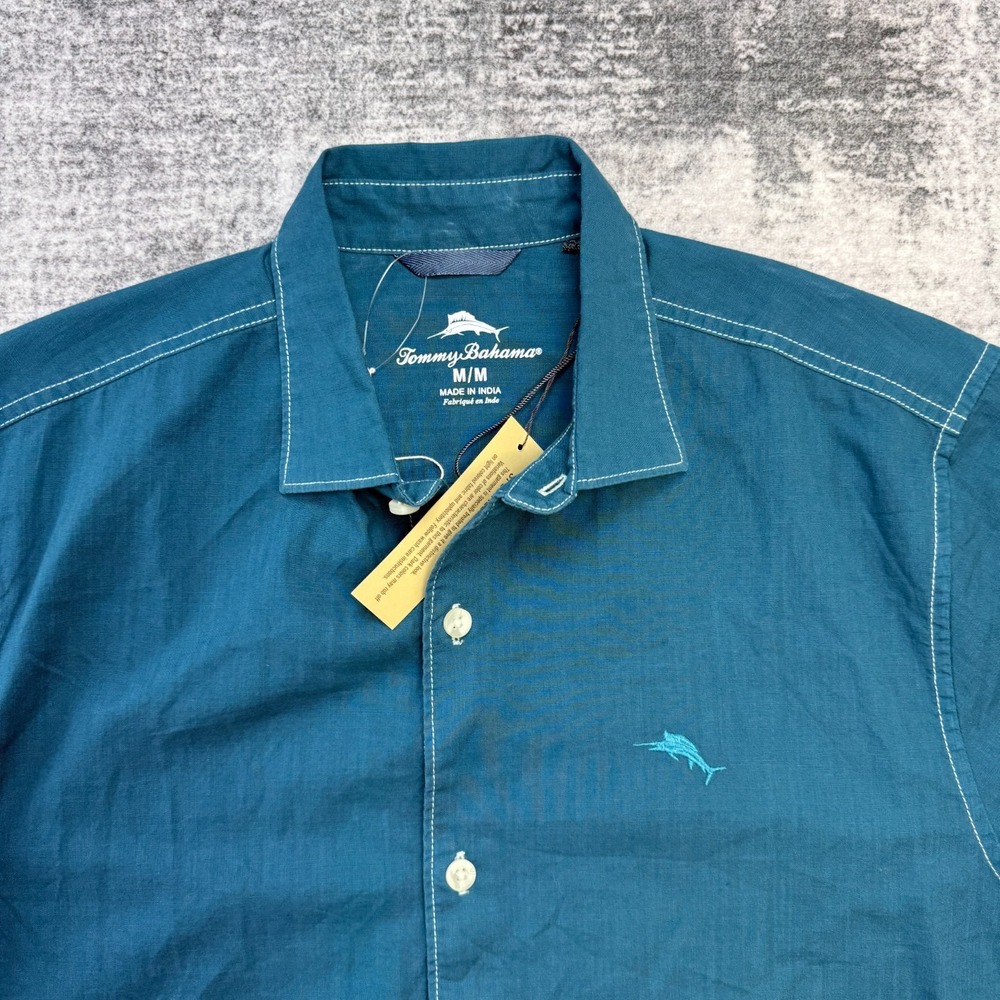 Tommy Bahama Shirt Mens Medium Dark Teal Blue Cotton Button Up Resort Travel - Picture 8 of 12